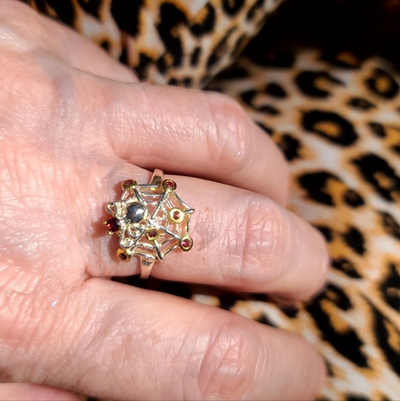 Red Tourmaline & Garnet sleek sterling spider 🕷 on 🕸 web ring sz 8 - Picture 4 of 14